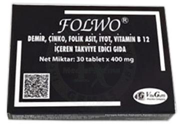 FOLWO DEMIR, CINKO, FOLIK ASIT, IYOT, VITAMIN B12 ICEREN TAKVIYE EDICI GIDA 30 tablet