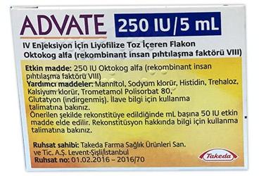 ADVATE 250 IU/5 ML IV ENJEKSIYON ICIN LIYOFILIZE TOZ ICEREN FLAKON, 1 ADET