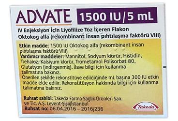 ADVATE 1500 IU/5 ML IV ENJEKSIYON ICIN LIYOFILIZE TOZ ICEREN FLAKON, 1 ADET