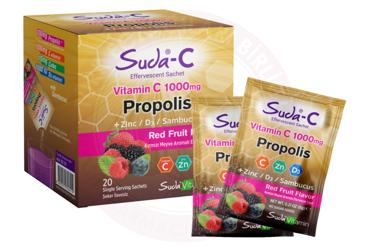 SUDA-C VITAMIN C, PROPOLIS, CINKO, VITAMIN D3, KARA MURVER EKSTRESI ICEREN KIRMIZI MEYVE AROMALI EFERVESAN SASE 20 saşe