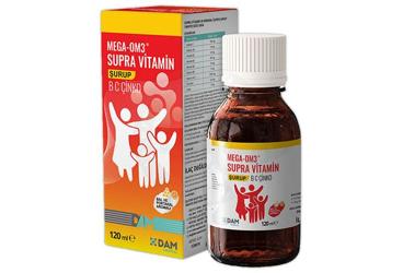 MEGA-OM3 SUPRA VITAMIN VE MINERAL ICEREN SURUP BAL VE PORTAKAL AROMALI TAKVIYE EDICI GIDA 120 ml şişe