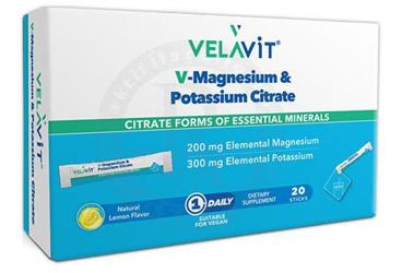 VELAVIT V-MAGNESIUM POTASSIUM CITRATE MAGNEZYUM, POTASYUM SITRAT ICEREN TAKVIYE EDICI GIDA 20 saşe