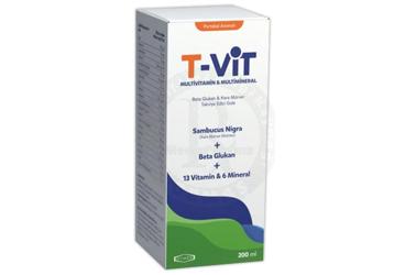 T-VIT MULTIVITAMIN & MULTIMINERAL, BETA GLUKAN & KARA MURVER EKSTRESI ICEREN SIVI TAKVIYE EDICI GIDA 200 ml şişe