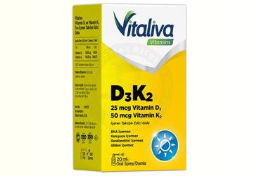VITALIVA VITAMINS VITAMIN D3 K2 ICEREN TAKVIYE EDICI GIDA 20 ml şişe