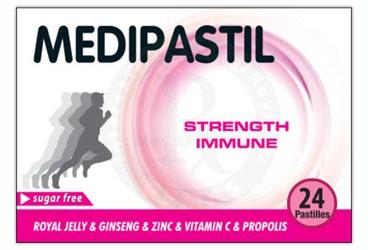 MEDIPASTIL STRENGTH IMMUNE ARI SUTU, GINSENG, CINKO, VITAMIN C, PROPOLIS 24 pastil