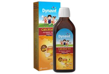 DYNAVIT CALCIKID-D3 D3 VITAMINI, KALSIYUM, MAGNEZYUM ICEREN MUZ AROMALI BALLI TAKVIYE EDICI GIDA 150 ml şişe